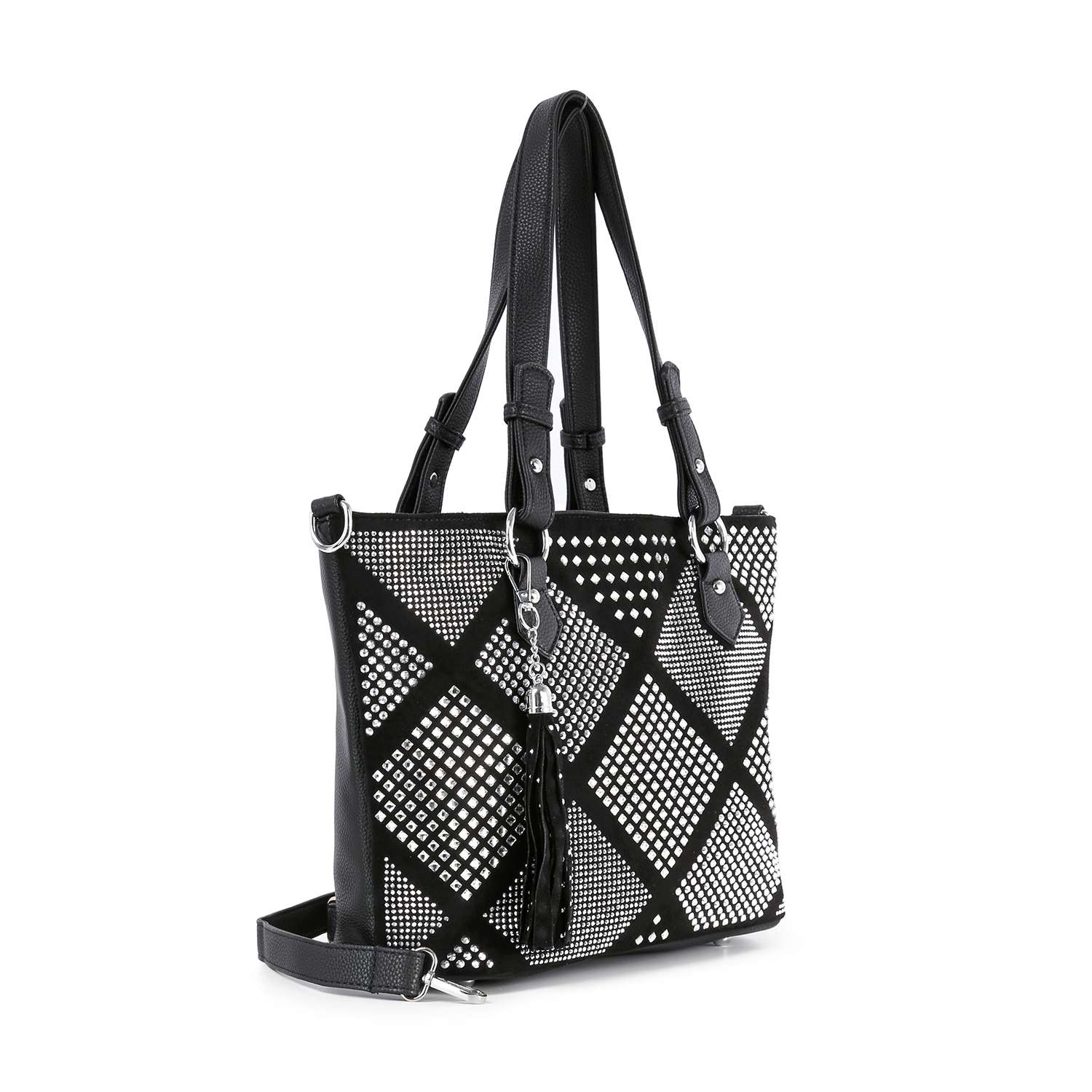 The Diamond Pattern Shopper Style Tote is a black faux leather bag featuring two shoulder straps, silver studs in a diamond design, a detachable long strap, and a decorative tassel on a silver ring at the front.