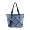 The Diamond Pattern Shopper Style Tote is a blue faux leather bag with silver studded diamond patterns, black double handles, and a black tassel detail—perfect for adding sparkle to your everyday style.