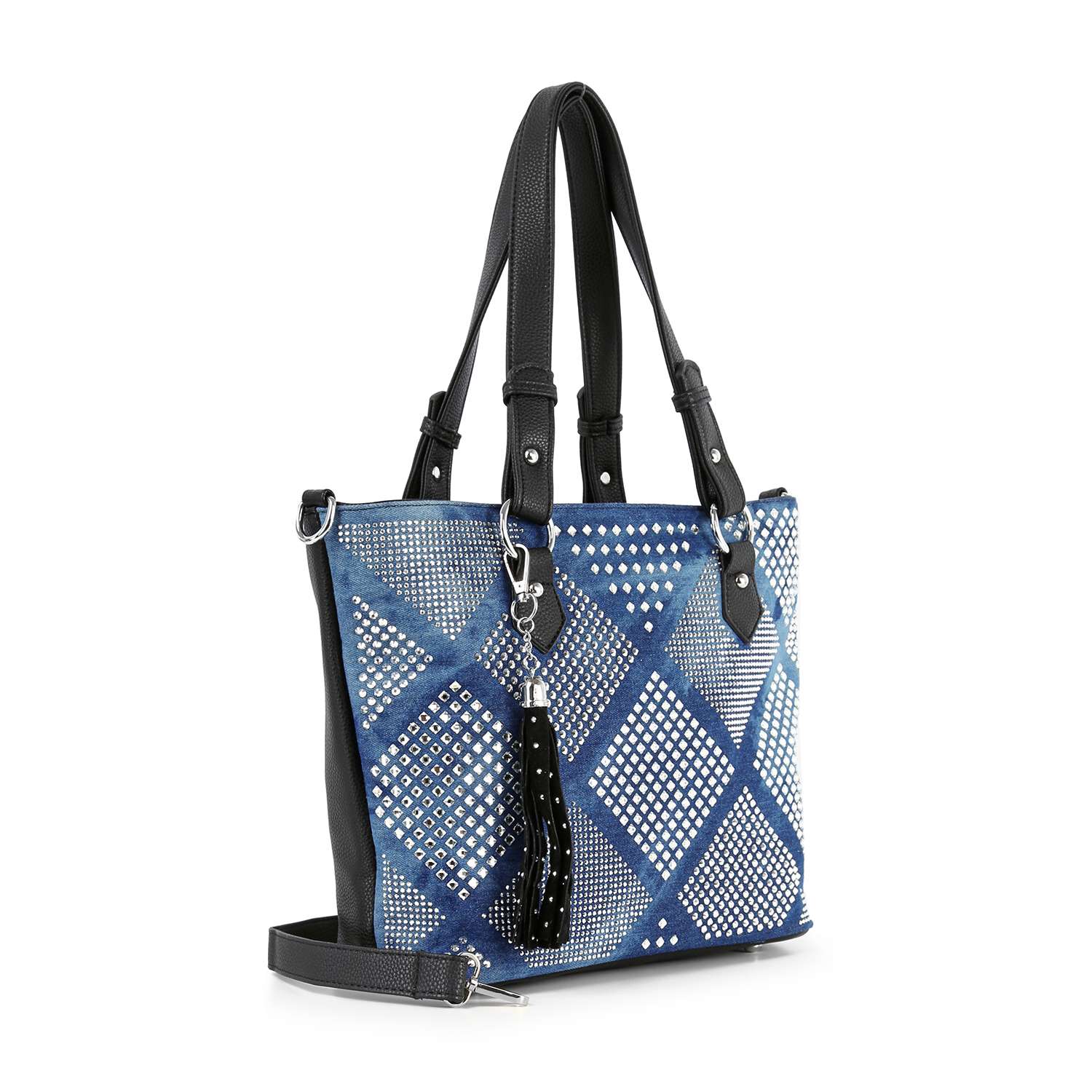 The Diamond Pattern Shopper Style Tote is a blue and black faux leather bag with a geometric diamond design, silver studs, double handles, detachable shoulder strap, and a black tassel keychain on the front.