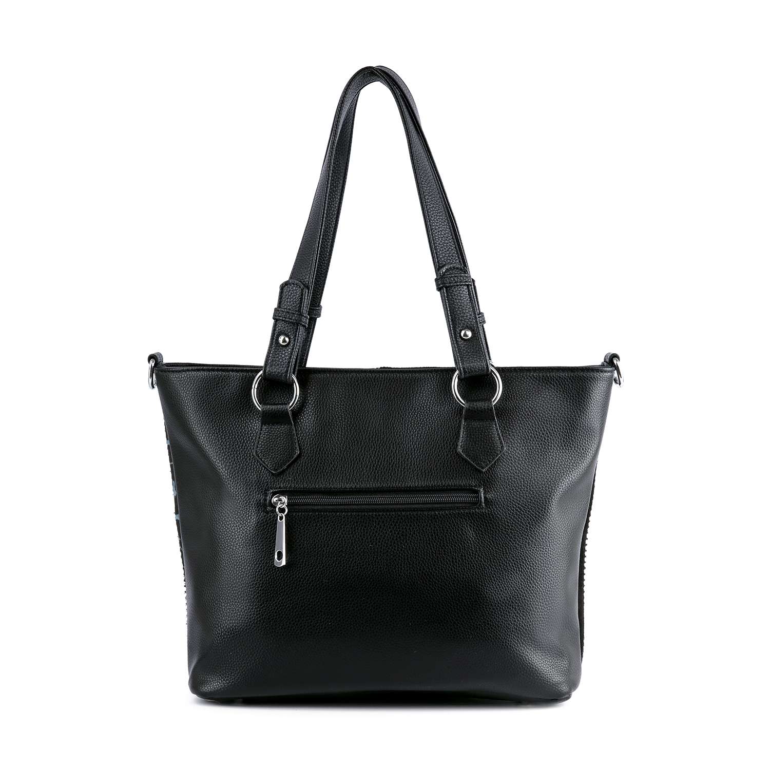 The Diamond Pattern Shopper Style Tote, in black faux leather with dual handles, silver hardware, and a zippered front pocket, is tablet compatible and perfect for carrying daily essentials. Displayed against a white background.