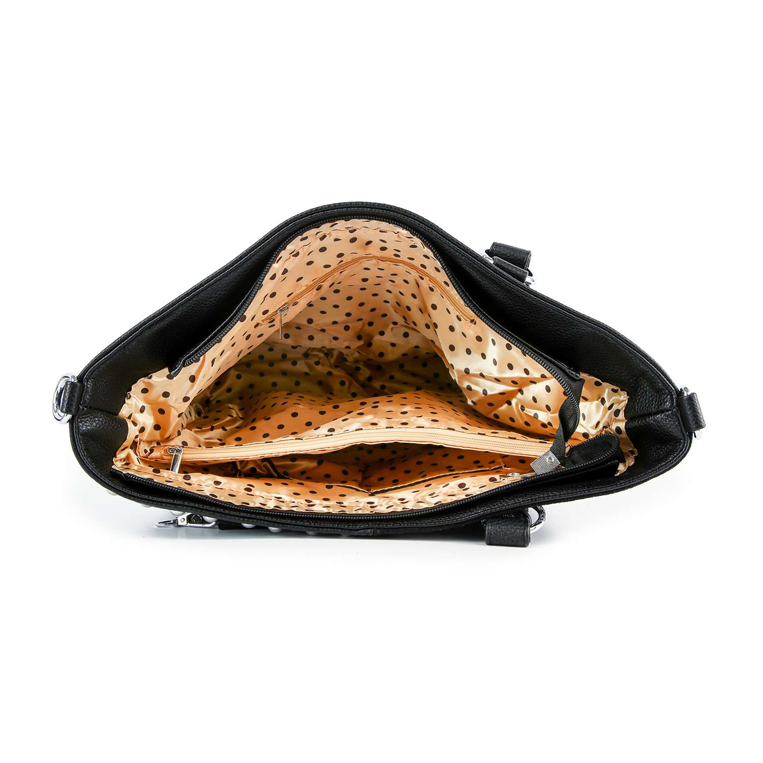 Open Diamond Pattern Shopper Style Tote with black faux leather, a spacious beige fabric-lined interior featuring black polka dots, two zippered compartments, and an open pocket—ideal as a tablet-compatible everyday tote.