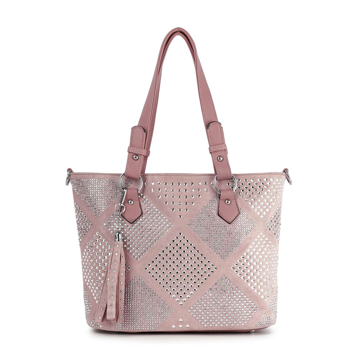 The Diamond Pattern Shopper Style Tote is a pink faux leather bag with two handles, silver stud and rhinestone diamond detailing, and a matching tassel—perfect as a stylish tote that fits your tablet.