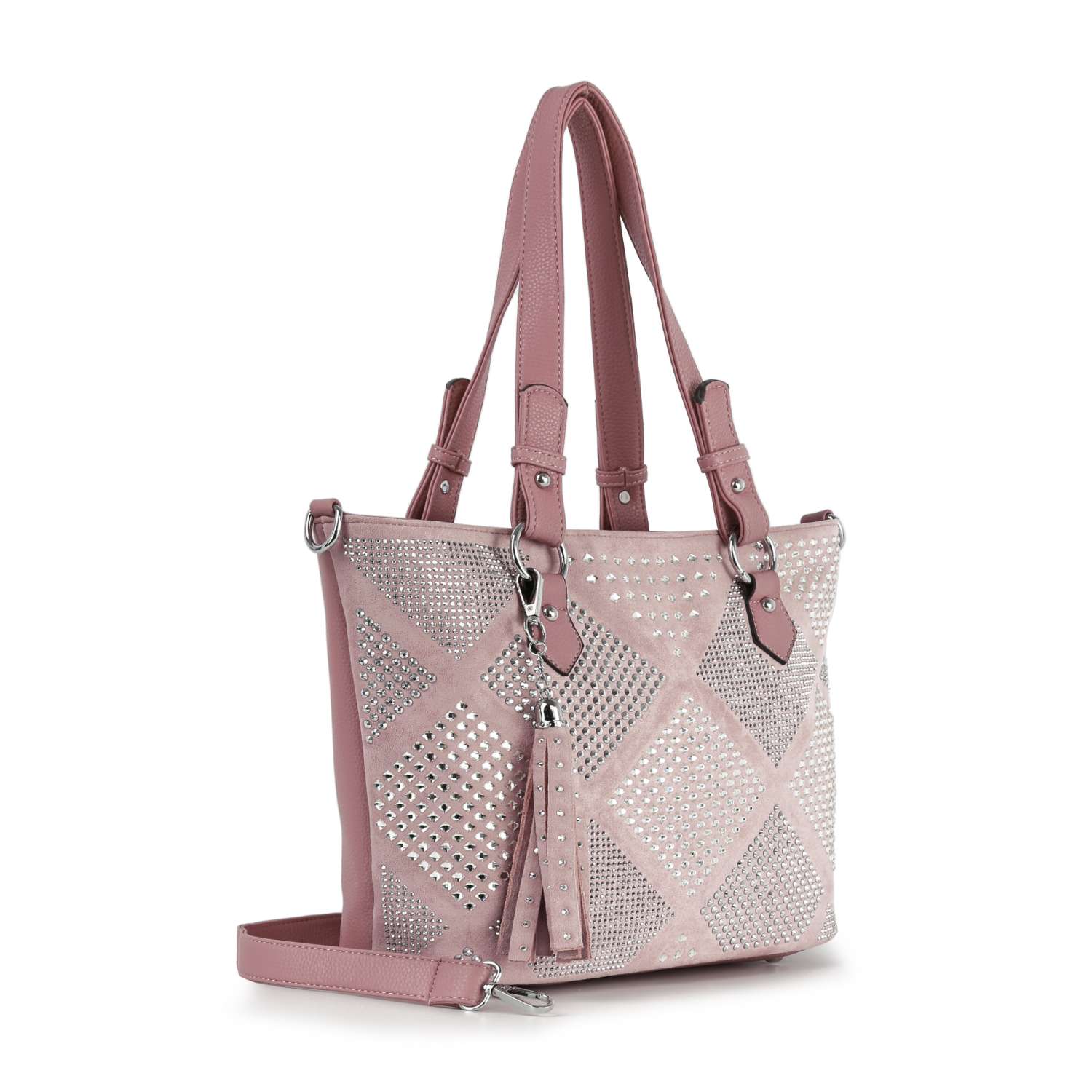 The Diamond Pattern Shopper Style Tote is a mauve pink faux leather bag with silver studded geometric designs, double handles, a detachable shoulder strap, zip closure, tablet compatibility, and a decorative tassel for extra style.