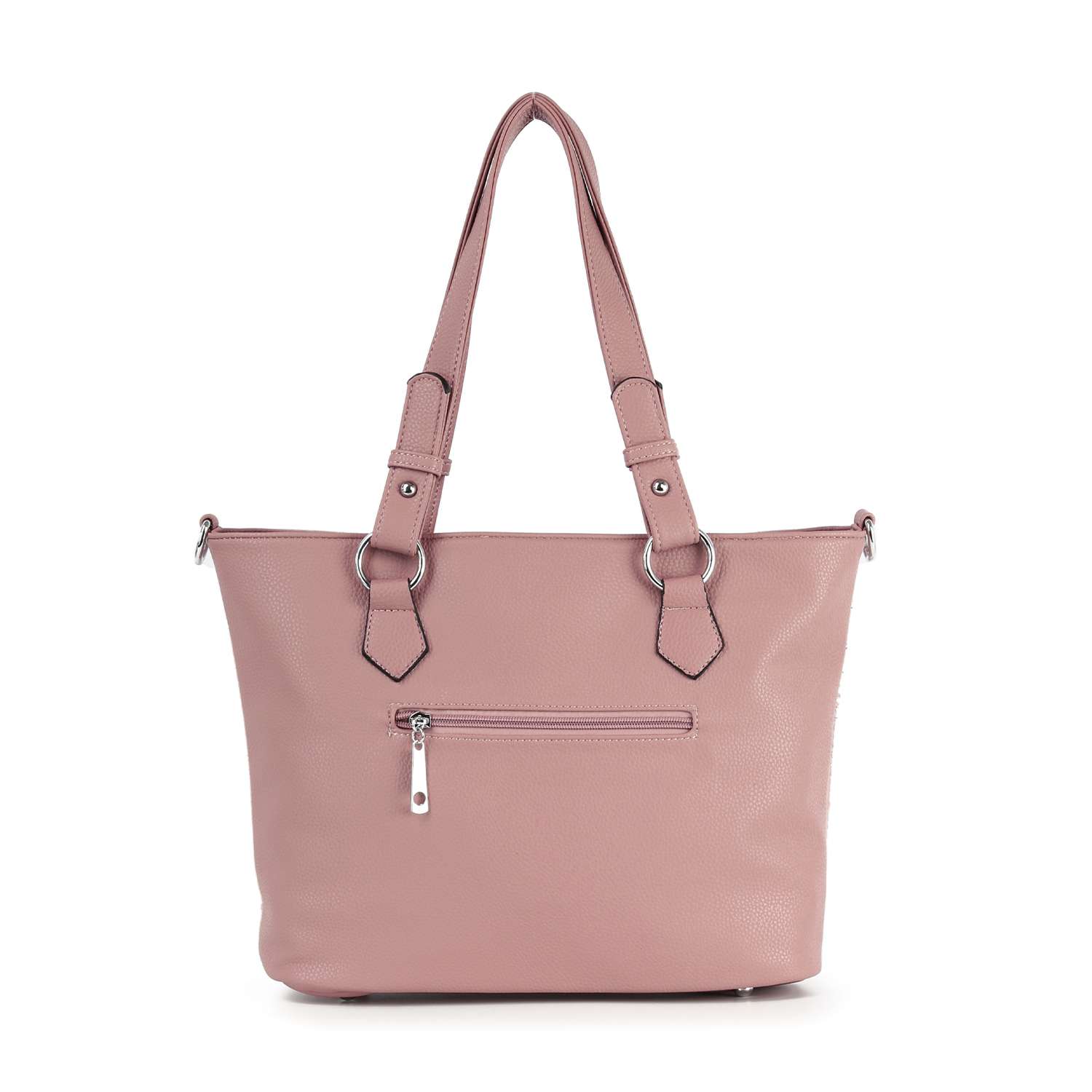 The Diamond Pattern Shopper Style Tote is a light pink faux leather bag with two shoulder straps, silver hardware, and a front zippered pocket, shown against a white background.