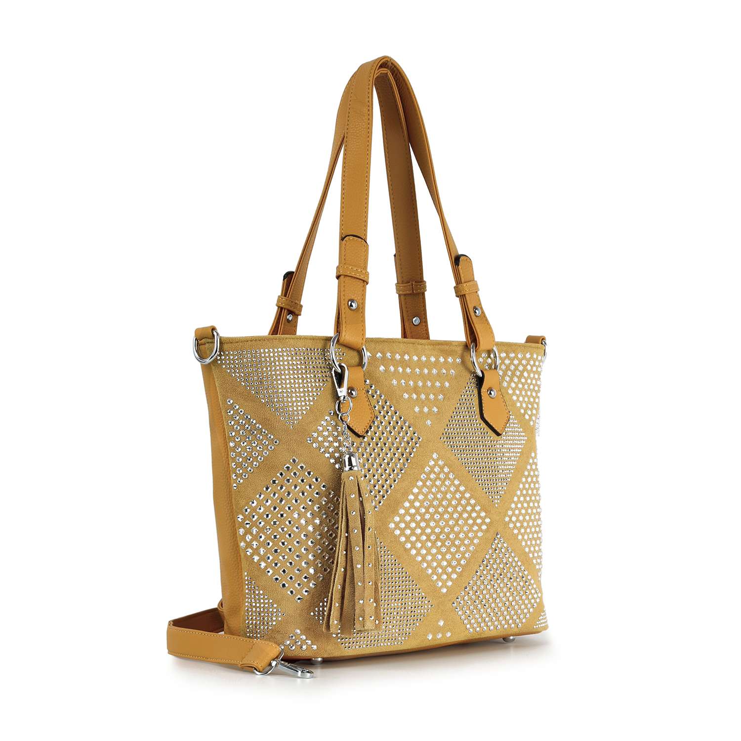 The Diamond Pattern Shopper Style Tote is a tan faux leather bag with two top handles, a long strap, silver studded geometric perforations, and a tassel charm. Tablet compatible for stylish convenience.