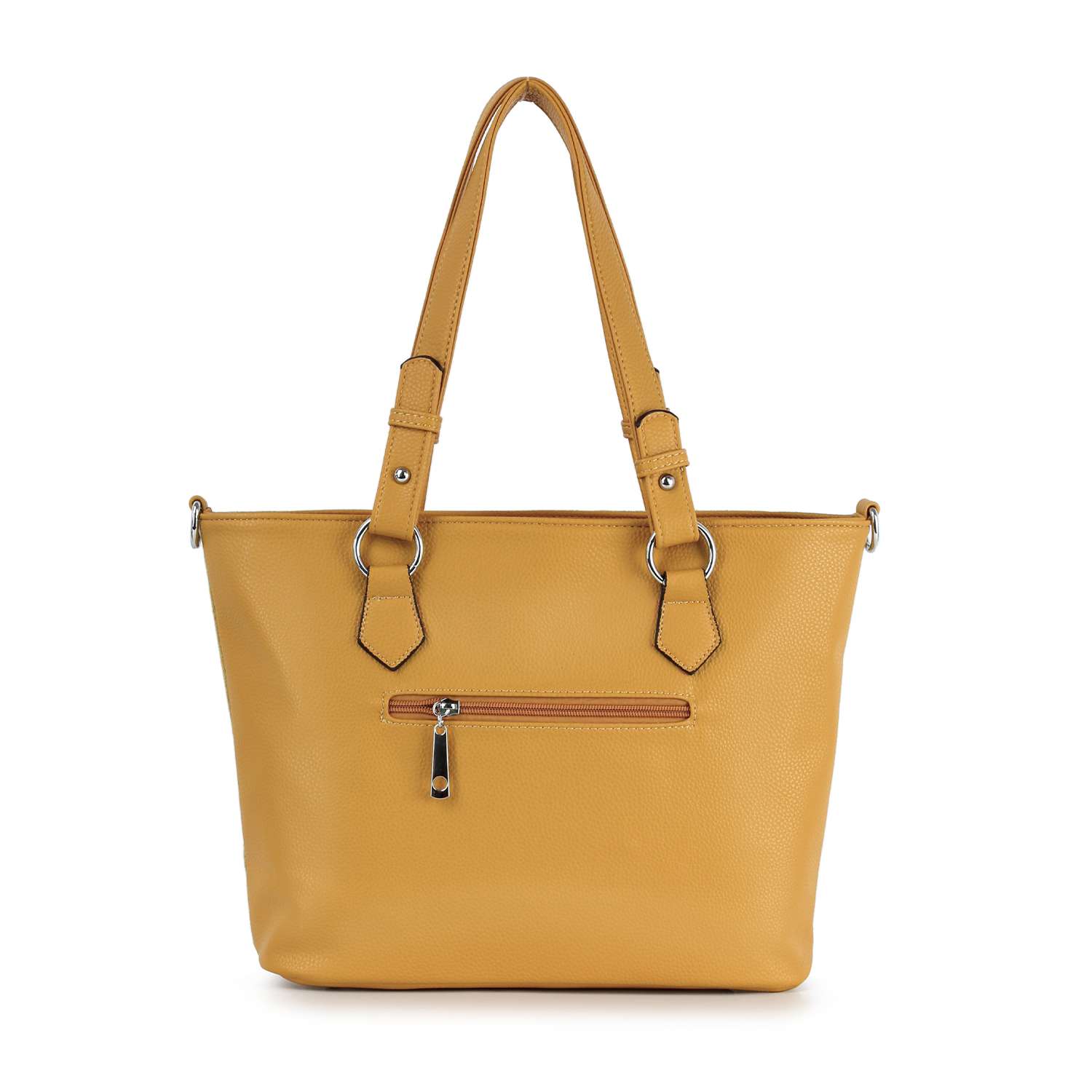 The Diamond Pattern Shopper Style Tote in mustard yellow faux leather features double shoulder straps, silver hardware, and a front zippered pocket, displayed against a white background.