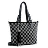 The Checkerboard Bling Tote Handbag features black and white checkered faux leather, black handles, silver hardware, a tassel accent, detachable shoulder strap, and fits a tablet. It stands upright against a white background.