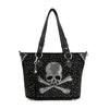 The Rhinestone Skull Shopper Tote is a black faux leather bag with two handles, silver studs, and a large rhinestone skull and crossbones on the front. It features a black tassel keychain and fits tablets for added style and function.