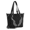 The Dazzling Wing Design Rhinestone Tote features black faux leather with silver rhinestone wing patterns, silver hardware, double handles, a detachable shoulder strap, tassel keychain accent, and fits a tablet.