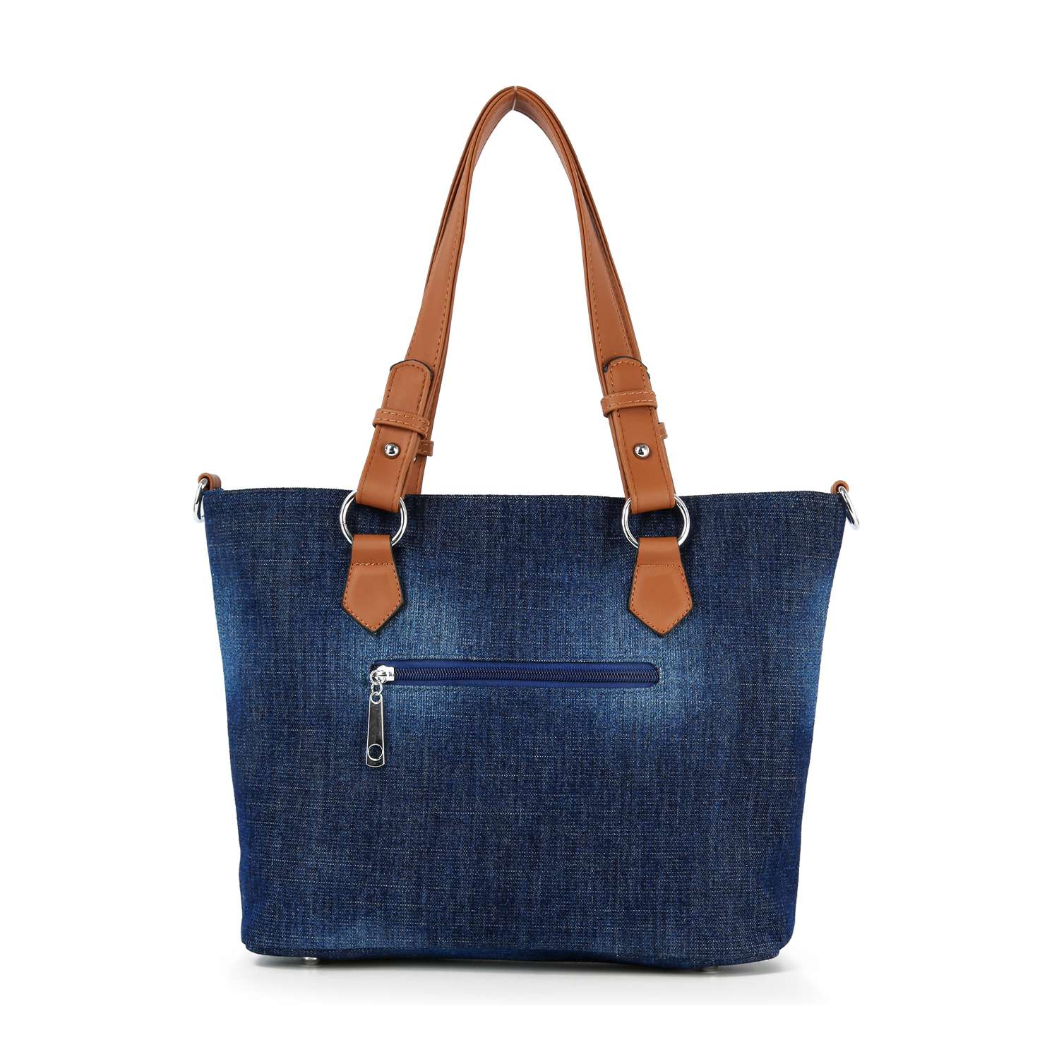 The Rhinestone Denim Fashion Tote features blue denim with brown leather handles and accents, a front zippered pocket, silver hardware, and is shown against a white background.