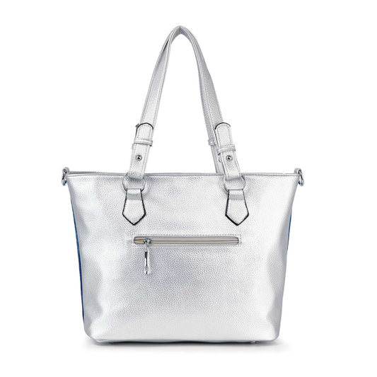 The Glamorous Rhinestone Shopper Tote is a silver metallic faux leather handbag with double handles, a front zipper pocket, and a smooth textured finish, displayed against a white background.