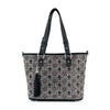 The Rhinestone Signature Print Classic Tote Bag features a black and white geometric signature print, two black shoulder straps, and a decorative black tassel hanging from one handle.