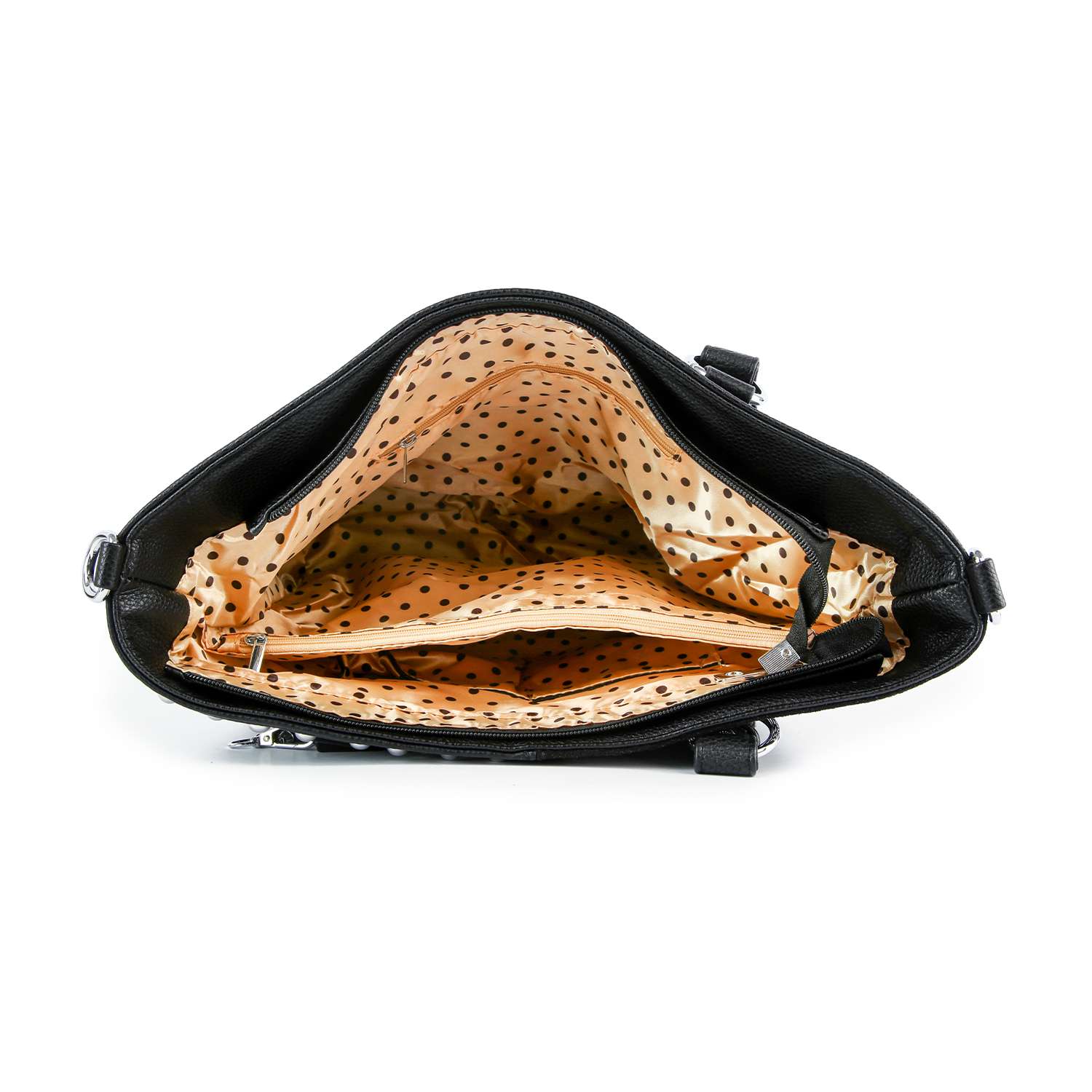 The Rhinestone Signature Print Classic Tote Bag in black faux leather is shown from above, displaying its interior with a light beige polka dot lining and several zippered and open compartments.