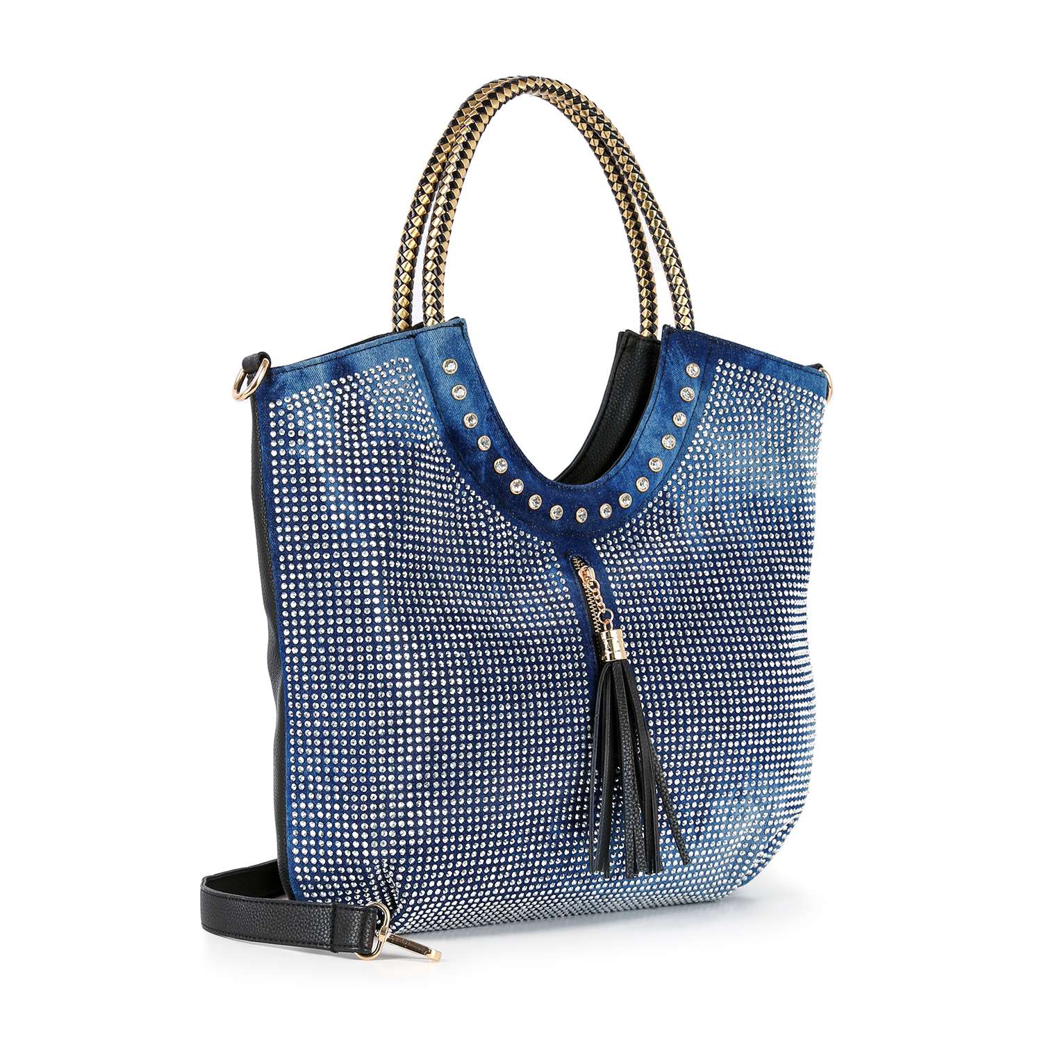 Decorative Rhinestone and Tassel Tote - Black – handbagexpress