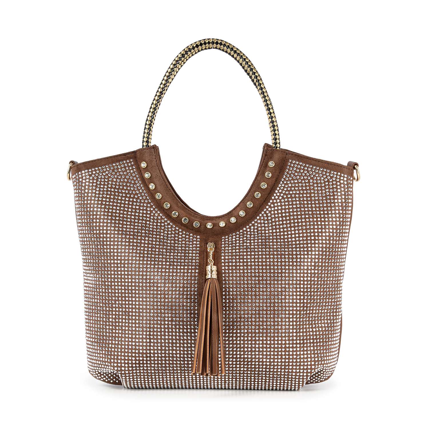 The Decorative Rhinestone and Tassel Tote features a brown faux leather body with gold studs along the top, a braided handle, a central tassel, and small white dots—perfect as a stylish, laptop-compatible tote.