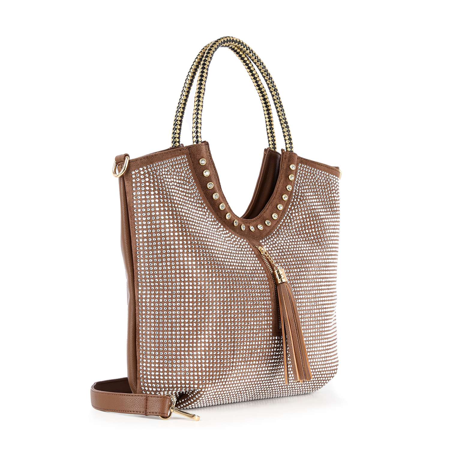 The Decorative Rhinestone and Tassel Tote is a stylish brown faux leather bag with sparkling rhinestones, gold stud accents near the handles, a decorative tassel, and a detachable shoulder strap.