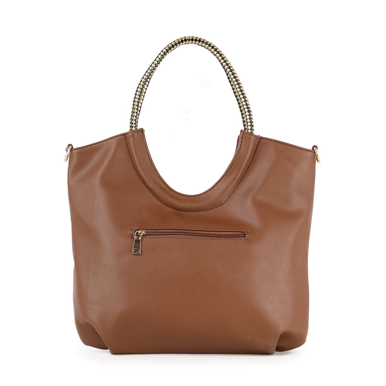 The Decorative Rhinestone and Tassel Tote is shown against a white background, featuring brown faux leather, a gold chain handle, and a front zippered pocket.