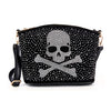The Super Sparkly Skull Crossbody Sling is a black faux leather biker bag with a shoulder strap, featuring a rhinestone skull and crossbones design and scattered rhinestones for an edgy, standout look.