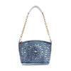 The Rhinestone Unique Design Shoulder Bag features blue faux leather, a gold chain strap, silver top handle, and a sparkling sunburst rhinestone pattern—ideal as a chic crossbody sling.