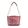 The Rhinestone Unique Design Shoulder Bag is a red faux leather shoulder bag with a gold chain and leather strap, featuring a decorative sunburst of silver and clear rhinestones and a textured grid pattern on the front.