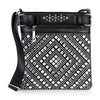 The Rhinestone Covered Crossbody Sling features a black diamond pattern, zip closure, silver studs and rhinestones in geometric designs, and a wide adjustable strap for comfort and style.