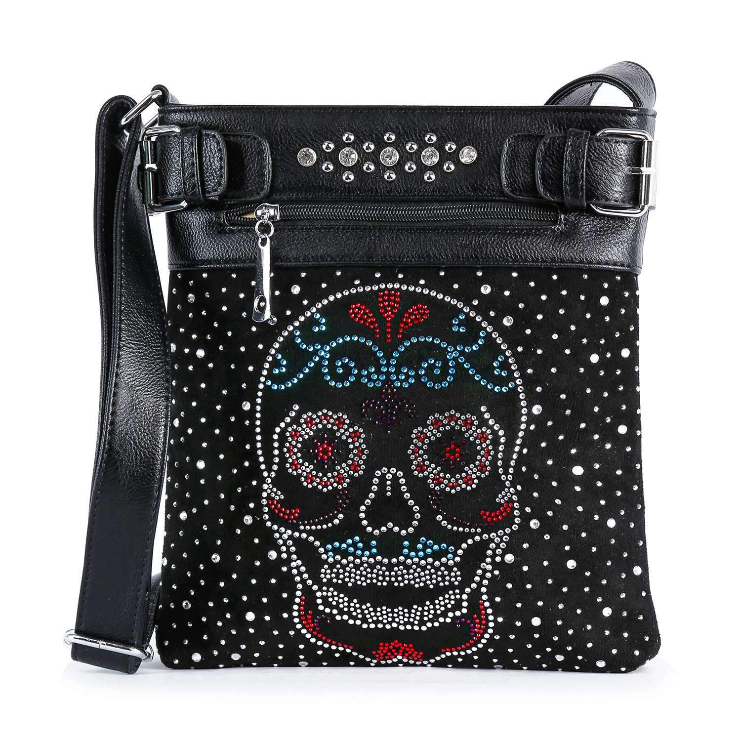 The Sugar Skull Rhinestone Crossbody Sling showcases red, blue, and silver rhinestones with white dots, a front zipper pocket, decorative studs, and a black strap for edgy Dia de los Muertos flair.