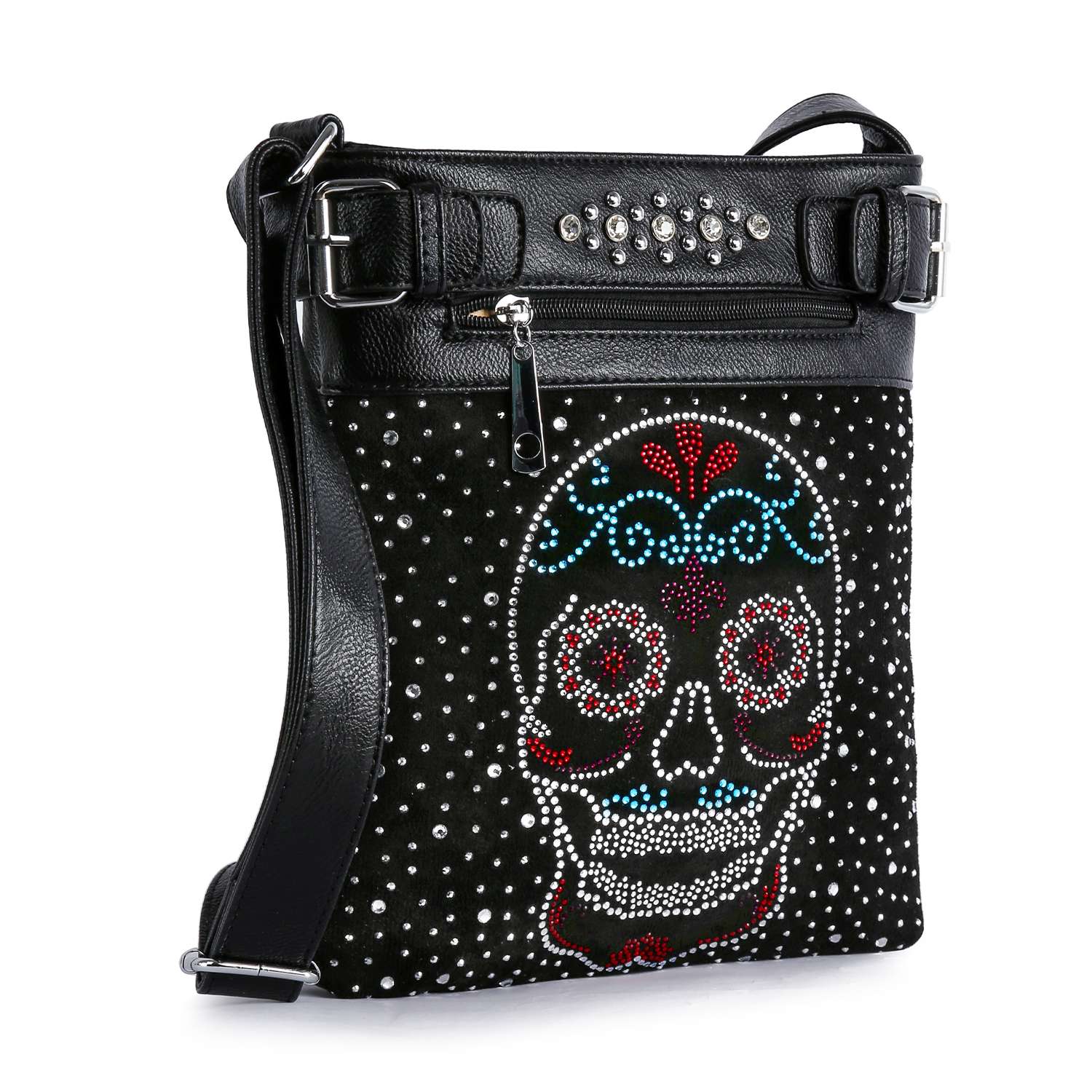 The Sugar Skull Rhinestone Crossbody Sling features silver studs, a colorful rhinestone skull design, a zippered front pocket, and an adjustable shoulder strap—perfect as a sparkling Dia de los Muertos bag.