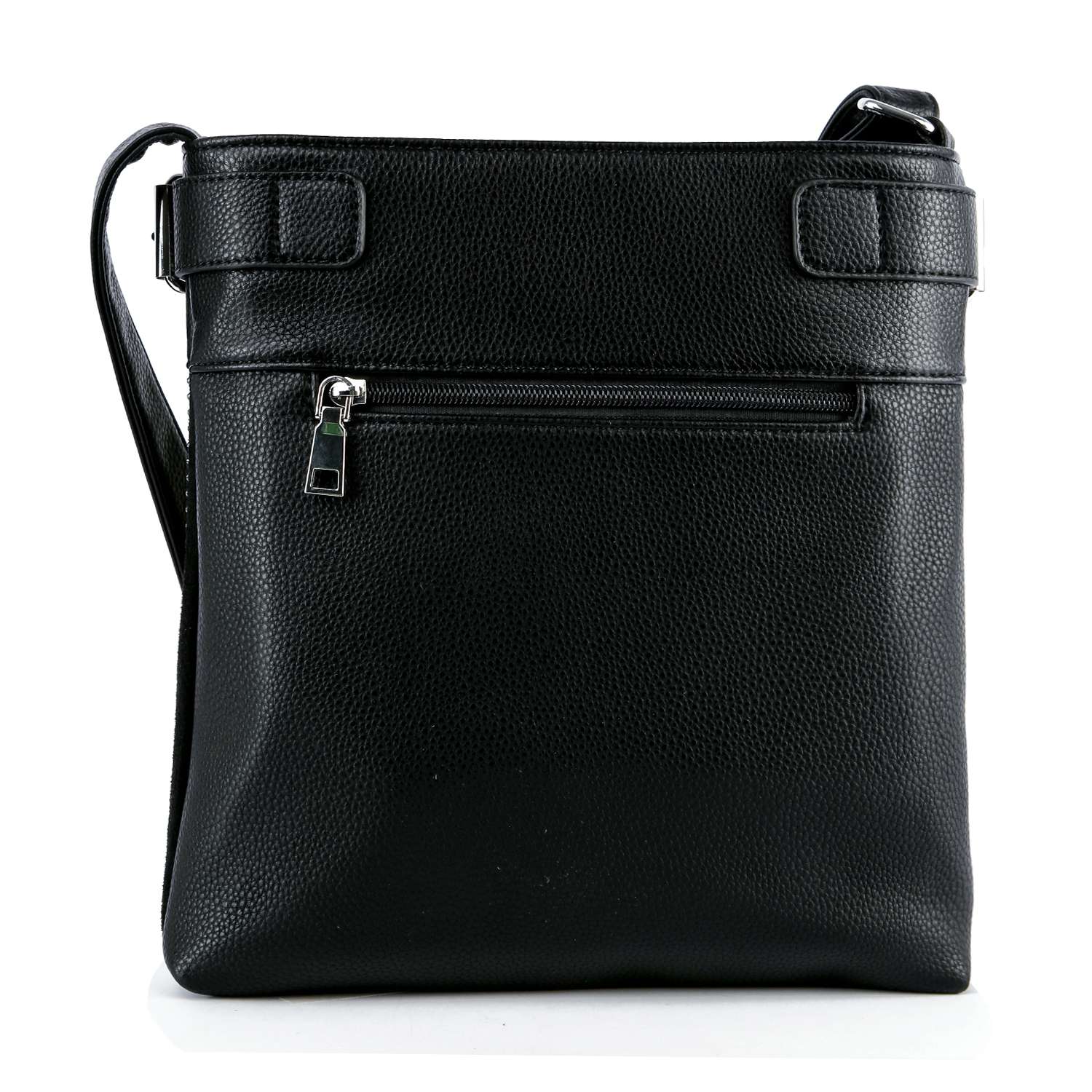 The Sugar Skull Rhinestone Crossbody Sling—a black leather textured bag with a front zip pocket and adjustable strap—makes a subtle Dia de los Muertos statement, shown here against a white background.