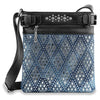 The Diamond Bling Crossbody Sling features a black faux leather top and strap, silver stud accents, blue and white diamond pattern, front zipper pocket, and decorative buckles for extra style.