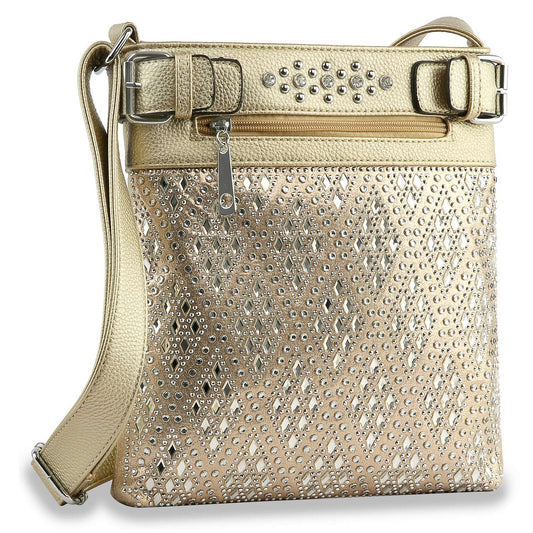 The Diamond Bling Crossbody Sling is a gold faux leather handbag with a textured strap, front zipper pocket, diamond pattern accents, and sparkling rhinestone studs.