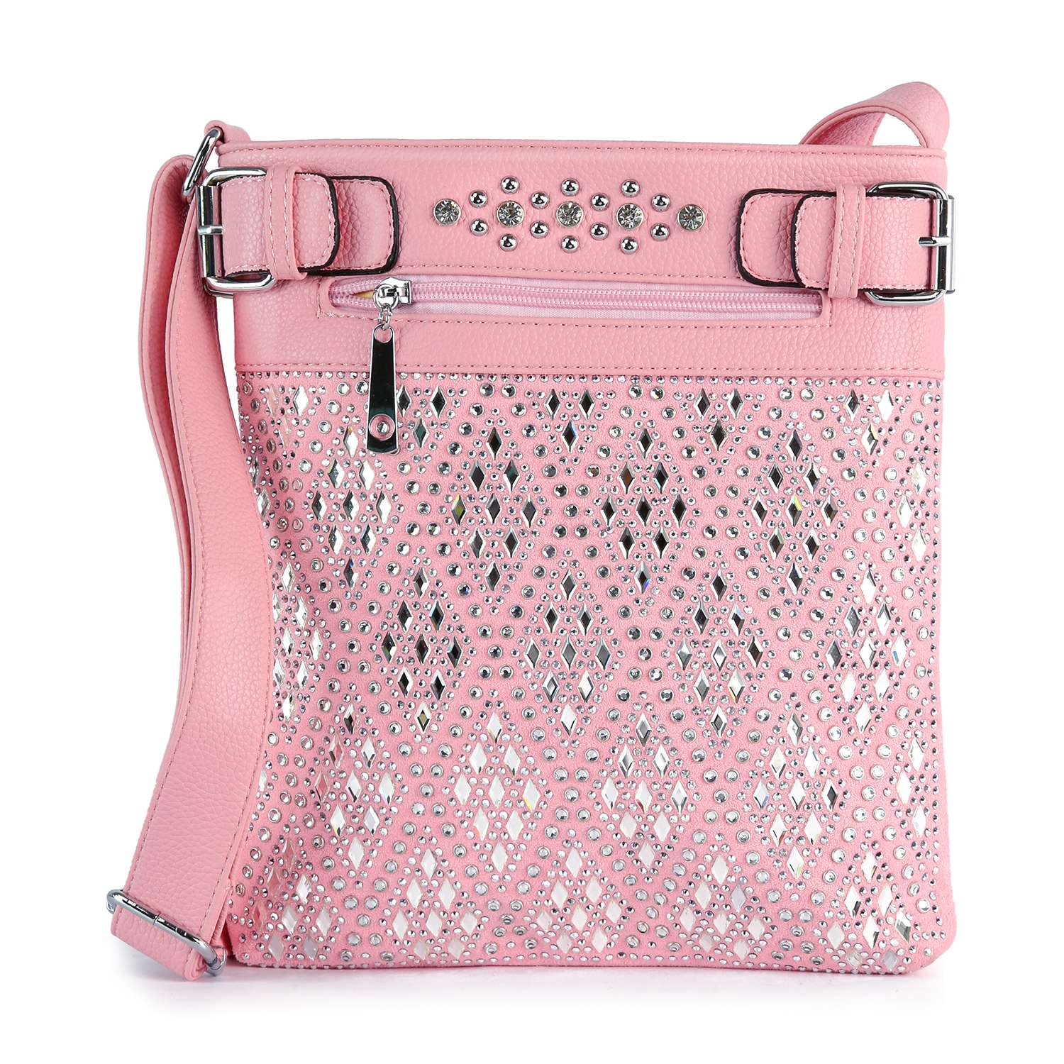 The Diamond Bling Crossbody Sling is a pink faux leather bag with diamond-shaped silver studs, rhinestones, a front zipper pocket, adjustable strap, and decorative top buckles.
