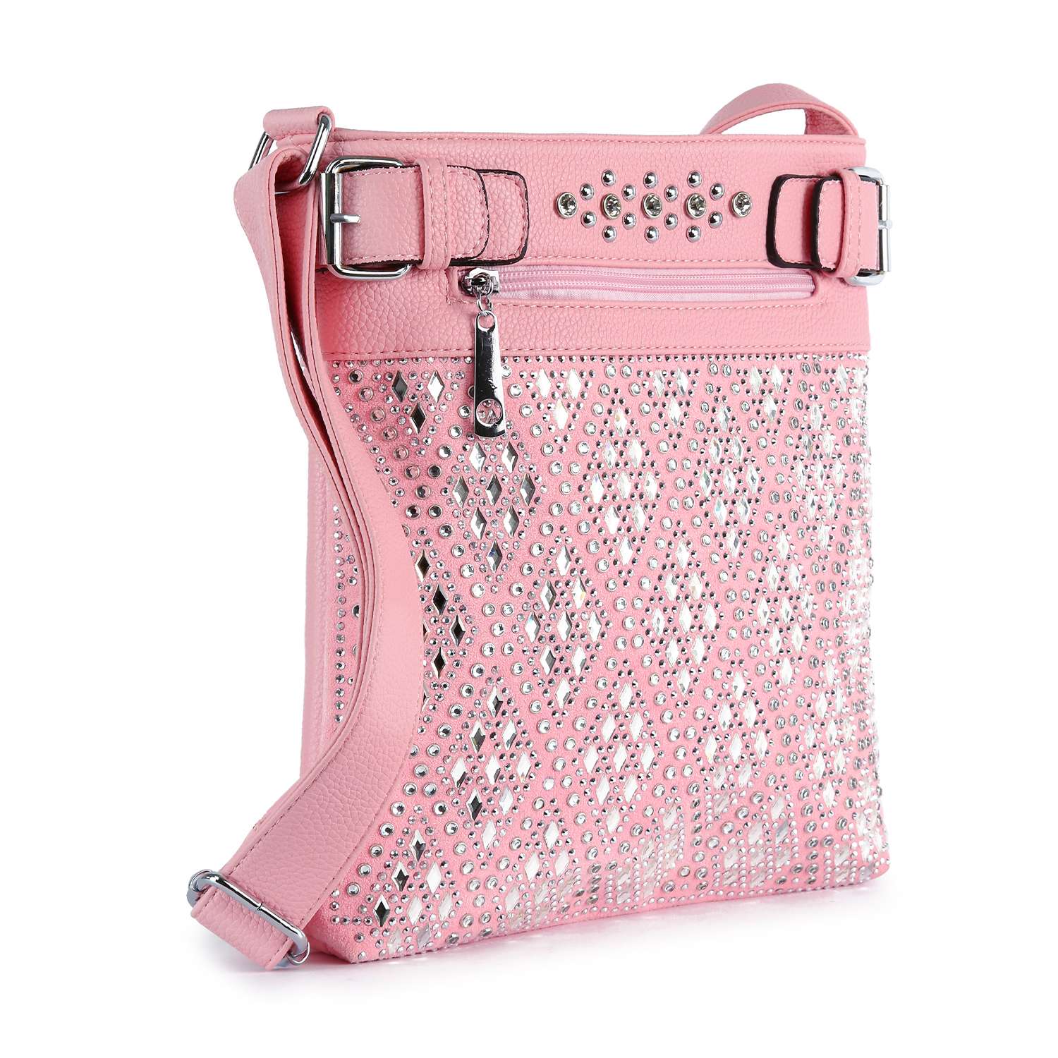 The Diamond Bling Crossbody Sling is a pink faux leather bag with silver studs and rhinestones in a diamond pattern, featuring a front zipper pocket, adjustable strap, and metallic hardware accents.