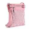 The Diamond Bling Crossbody Sling is a pink faux leather bag with silver studs and rhinestones in a diamond pattern, featuring a front zipper pocket, adjustable strap, and metallic hardware accents.