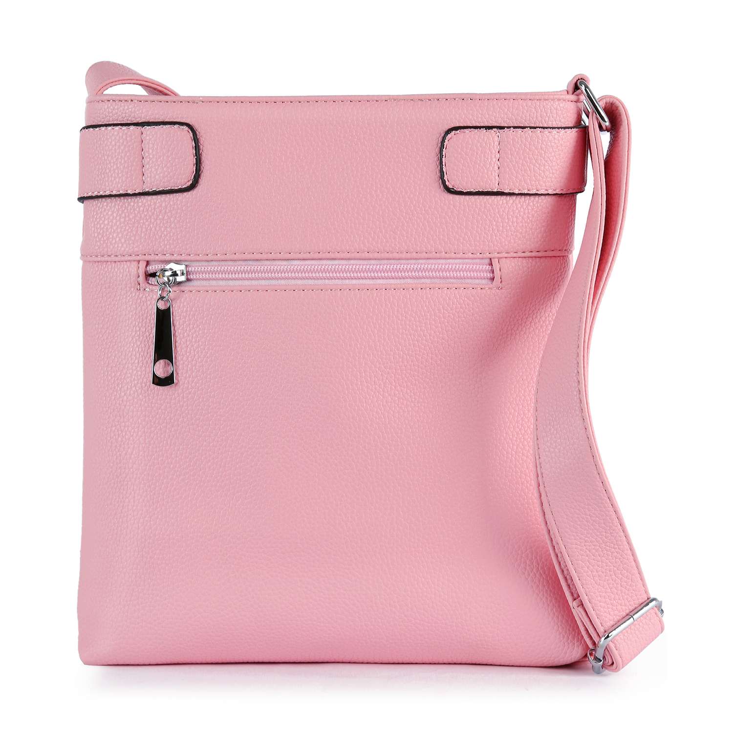 The Diamond Bling Crossbody Sling is a light pink faux leather bag featuring a long adjustable strap, black edges, diamond pattern, and a front silver zippered pocket.