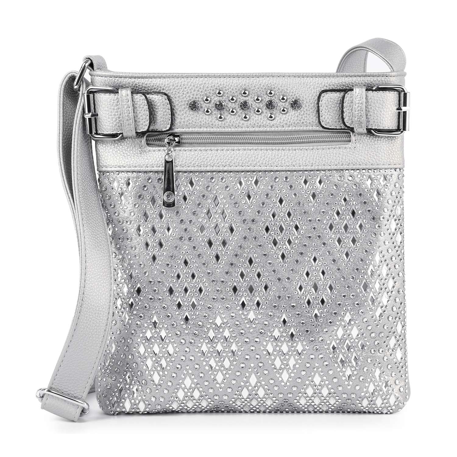 The Diamond Bling Crossbody Sling is a silver faux leather bag with a diamond pattern, small studs, an adjustable shoulder strap, and a zippered front pocket.