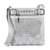 The Diamond Bling Crossbody Sling is a silver faux leather bag with a diamond pattern, small studs, an adjustable shoulder strap, and a zippered front pocket.