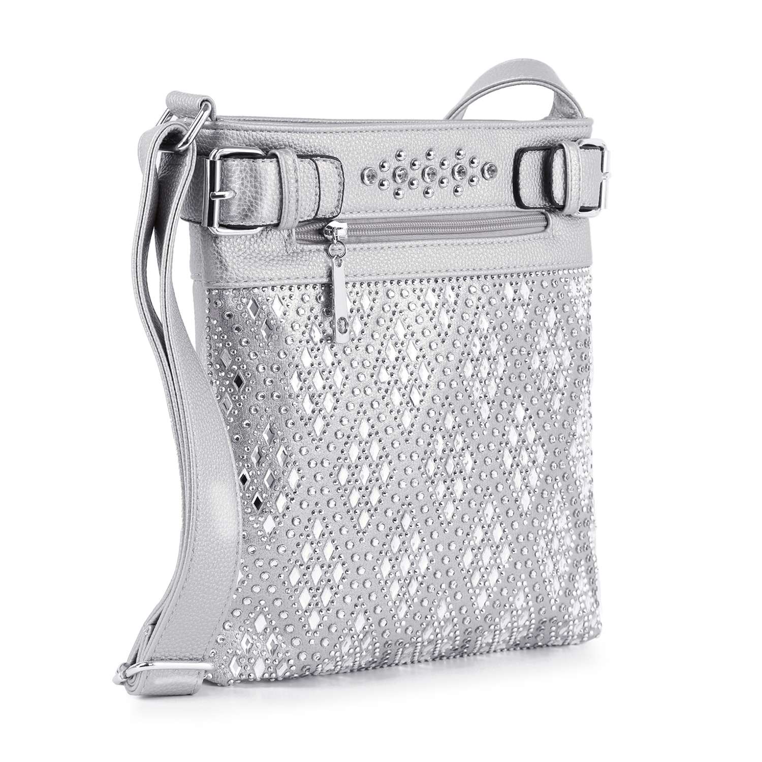 The Diamond Bling Crossbody Sling features silver faux leather, an adjustable strap, zipper closure, and a bold diamond pattern adorned with silver studs and rhinestones on the front.