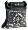 The Brilliant Rhinestone Crossbody Sling is a black faux leather bag with silver studs, rhinestones in geometric and floral patterns, a sparkling starburst front, an adjustable strap, and a top zipper pocket.