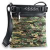 The Camo Design Rhinestone Crossbody Sling features faux leather, a camouflage pattern, silver studs, a zip pocket, black adjustable strap, black leather accents, and colorful rhinestones for standout style.