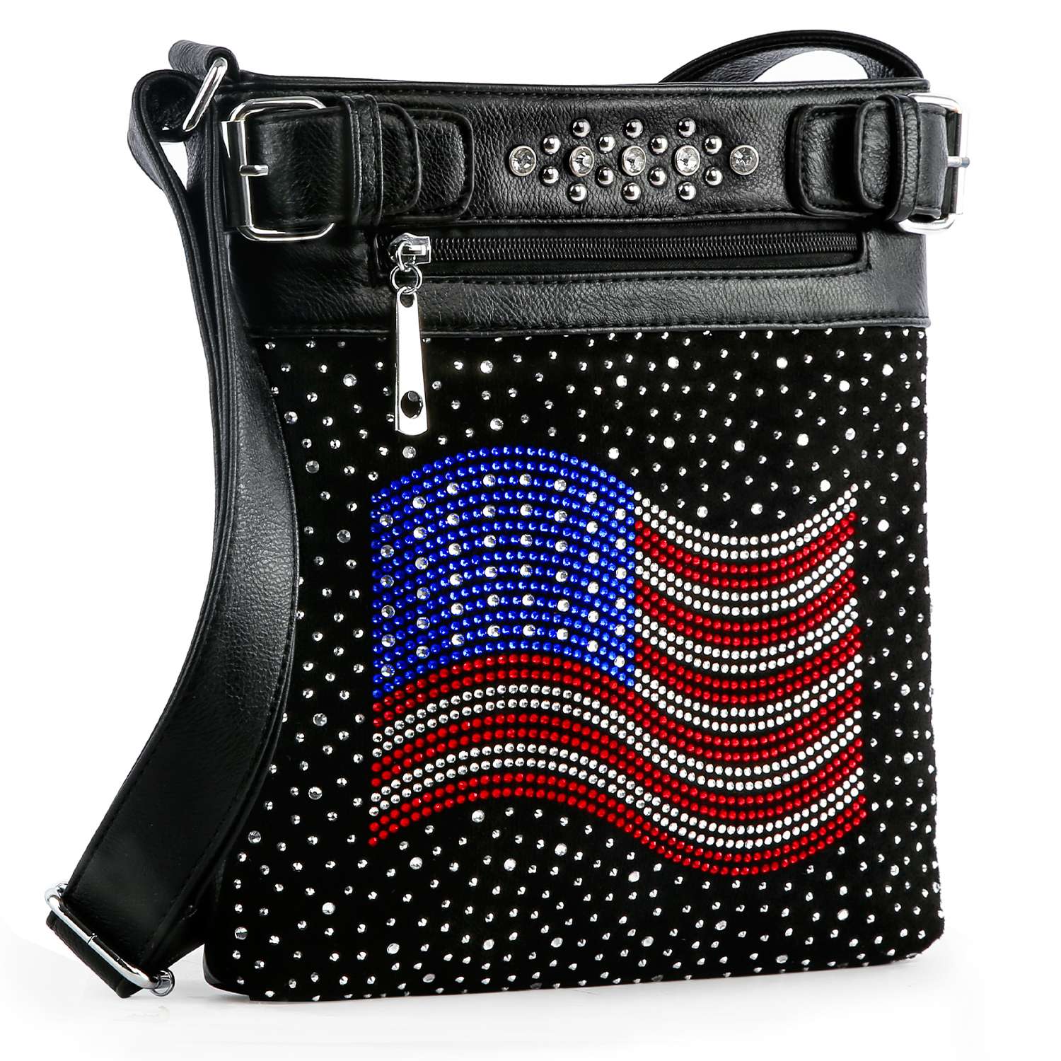 The Rhinestone American Flag Crossbody Sling is a black faux leather bag with silver studs, a red, white, and blue rhinestone flag design, front zipper pocket, and a wide adjustable strap for patriotic style.