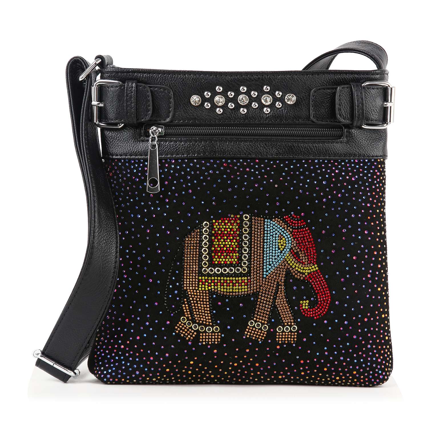 The Rhinestone Bling Elephant Crossbody Sling is a black faux leather bag with a zip pocket, colorful beaded elephant design, multicolored dots, studded top panel, and an adjustable strap.