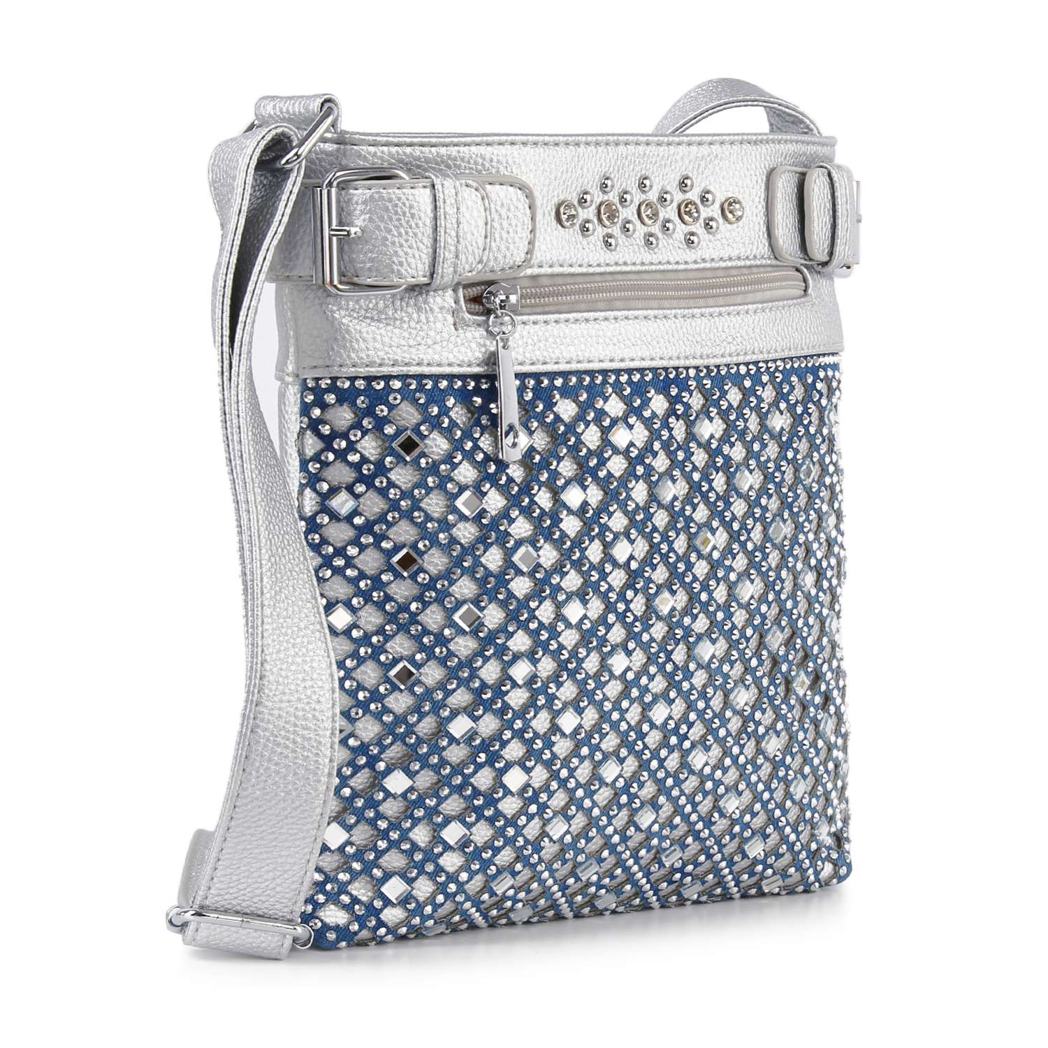The Decorative Rhinestone Crossbody Sling features silver and blue rhinestones, a textured adjustable strap, silver studs, a diamond-patterned front with metallic accents, a top zipper, and a front pocket with a decorative buckle.