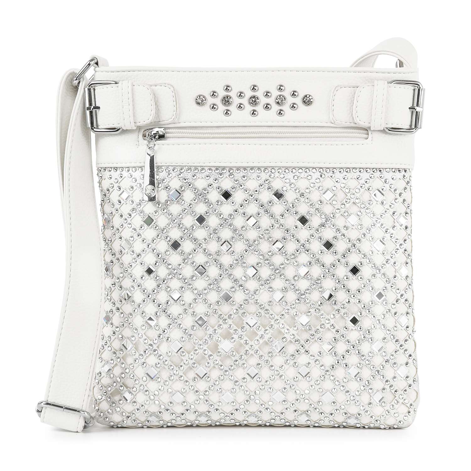The Decorative Rhinestone Crossbody Sling is a white faux leather bag with silver studs and rhinestones in a diamond pattern, a front zipper pocket, and an adjustable strap for versatile styling.