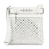 The Decorative Rhinestone Crossbody Sling is a white faux leather bag with silver studs and rhinestones in a diamond pattern, a front zipper pocket, and an adjustable strap for versatile styling.