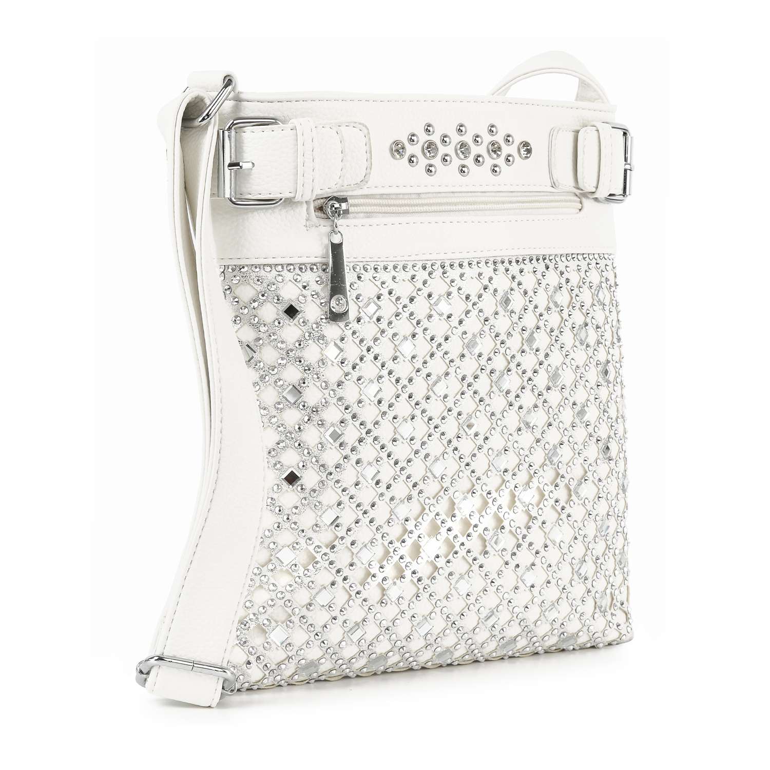 The Decorative Rhinestone Crossbody Sling features white faux leather, an adjustable strap, silver buckles, and a diamond pattern of shiny silver studs and rhinestones on the front, plus a silver zipper and extra stud details on top.