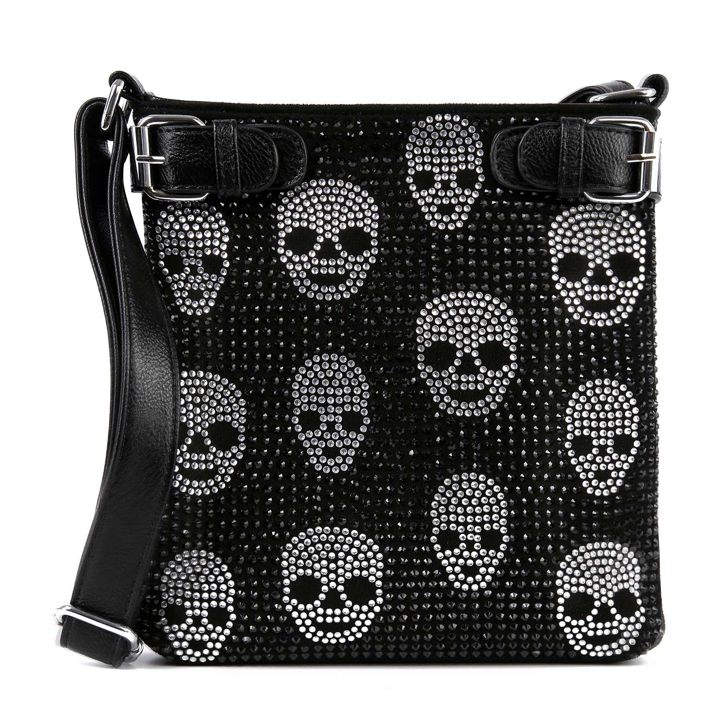 The Rhinestone Skull Pattern Crossbody Sling is a black faux leather bag with multiple silver rhinestone skull designs, two black buckle straps at the top, and a sleek black shoulder strap.