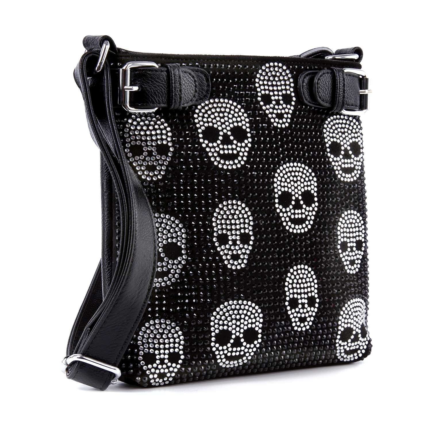 The Rhinestone Skull Pattern Crossbody Sling is a black faux leather bag with multiple silver rhinestone skulls, a long adjustable strap, and silver buckle accents.