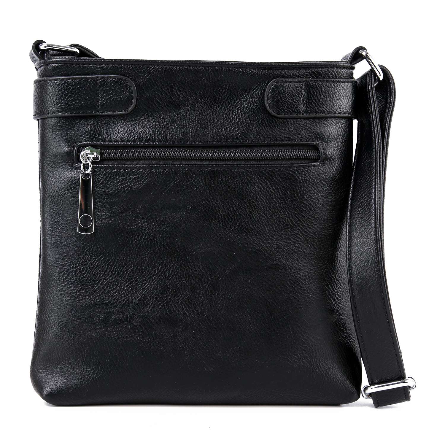 The Rhinestone Skull Pattern Crossbody Sling is a black faux leather bag with a front zip pocket, silver zipper pull, adjustable strap, and a sleek, minimalist design featuring a smooth texture.