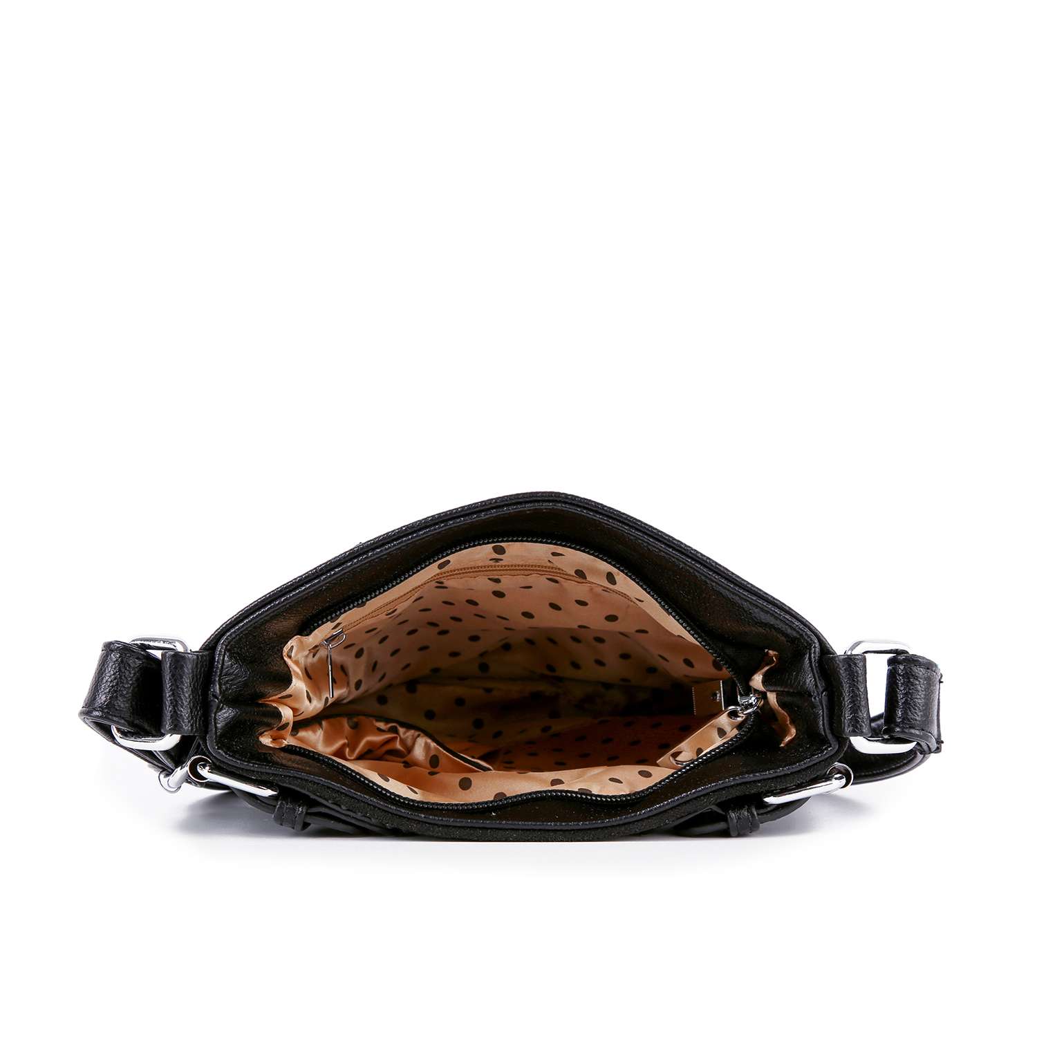 The Rhinestone Skull Pattern Crossbody Sling features black faux leather, an open top, a beige interior with small black polka dots, and multiple inner pockets.