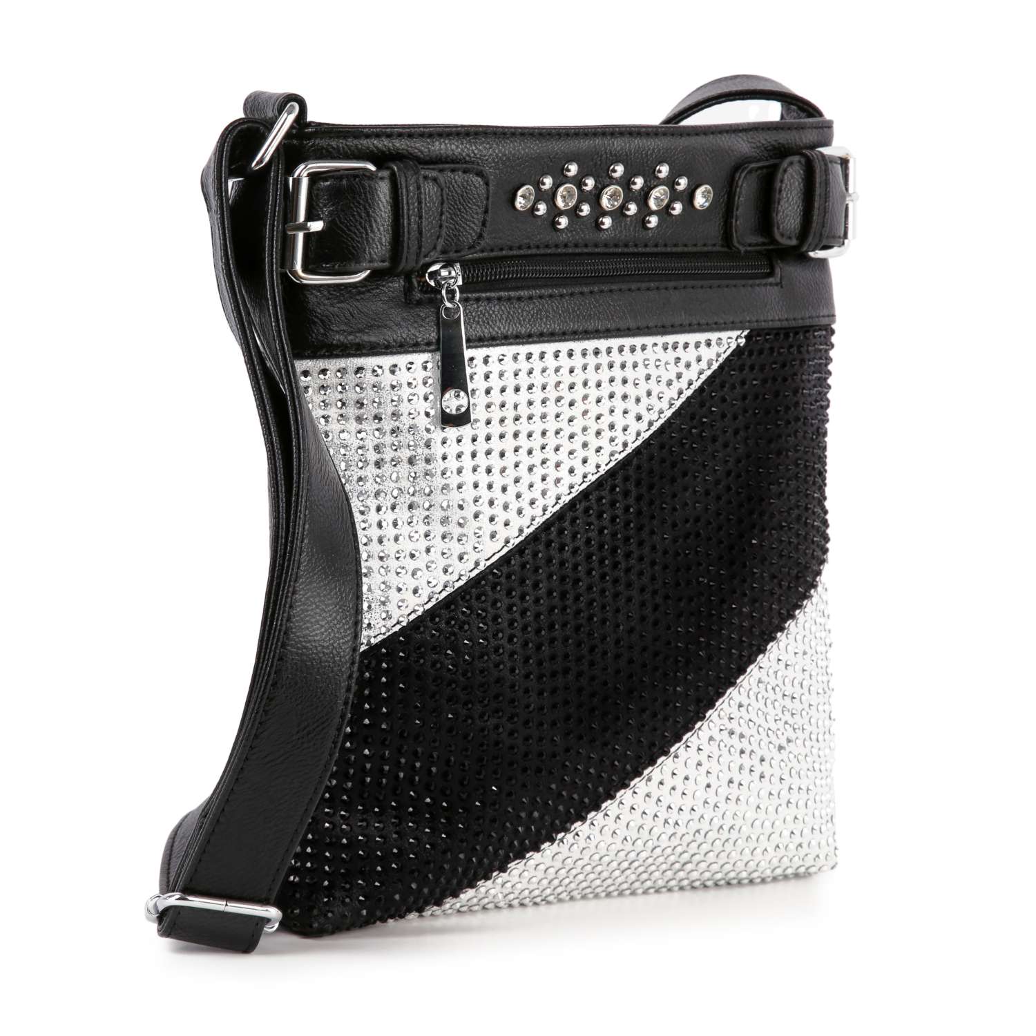 The Bold Rhinestone Accent Crossbody Sling features a black and silver faux leather color-block design, studded rhinestones, a front zipper pocket, and decorative buckles on its adjustable strap.